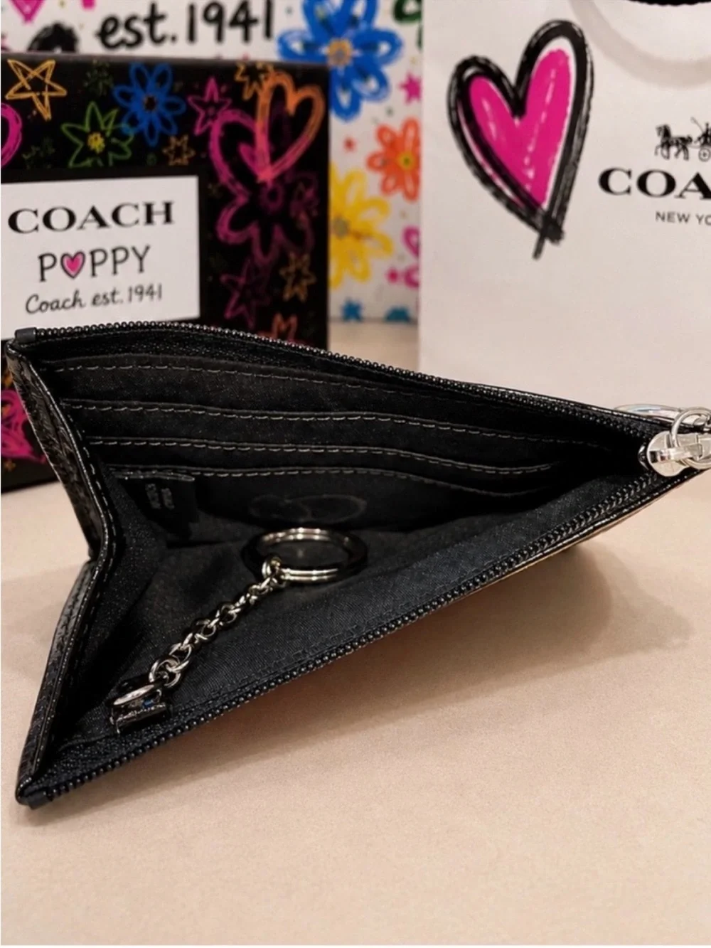Coach Multicolor Floral Zip Card Case with key chain like new